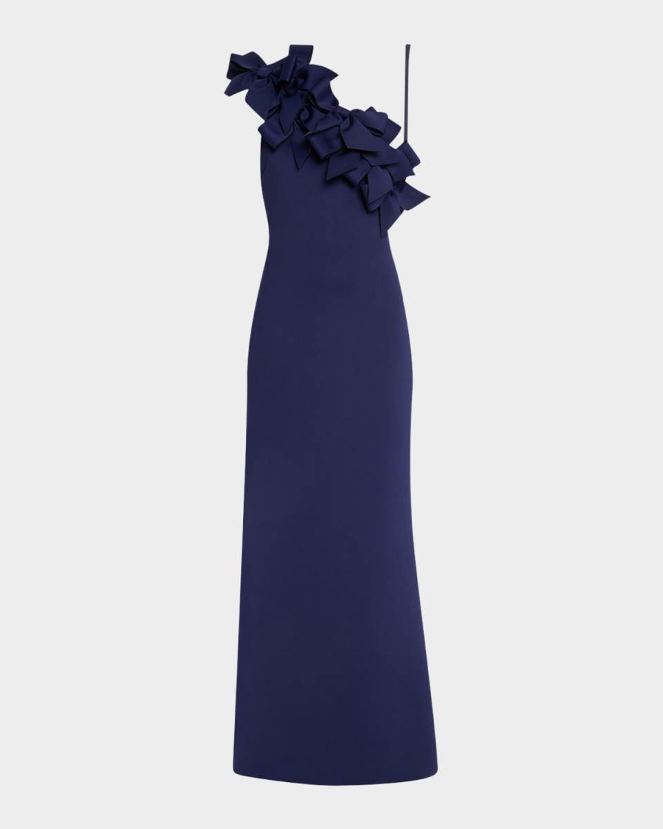 One-Shoulder Bow Ruffle Scuba Gown